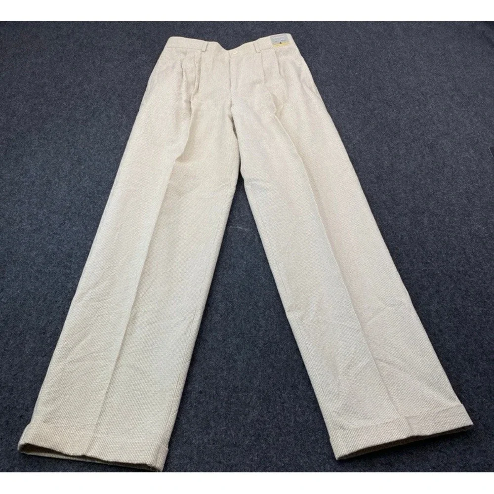 NWT VTG Claiborne Dress Pants Men 30R Beige Micro Check Pleated Cuffed Cotton